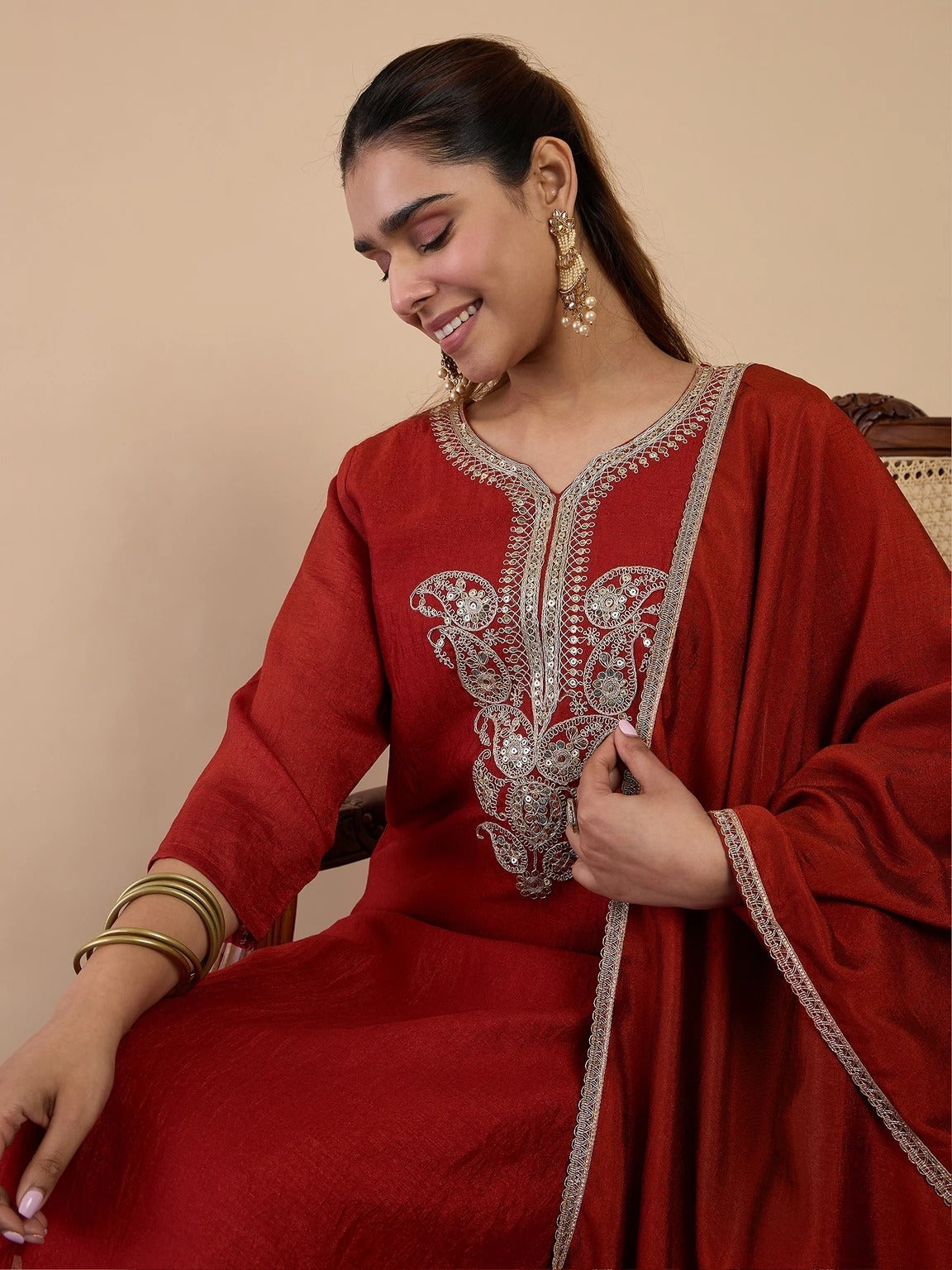 Rust Orange Embroidered Kurti Pant Set