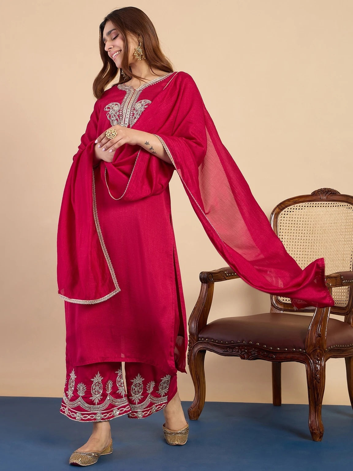 Rani Pink Embroidered Kurti Pant Set