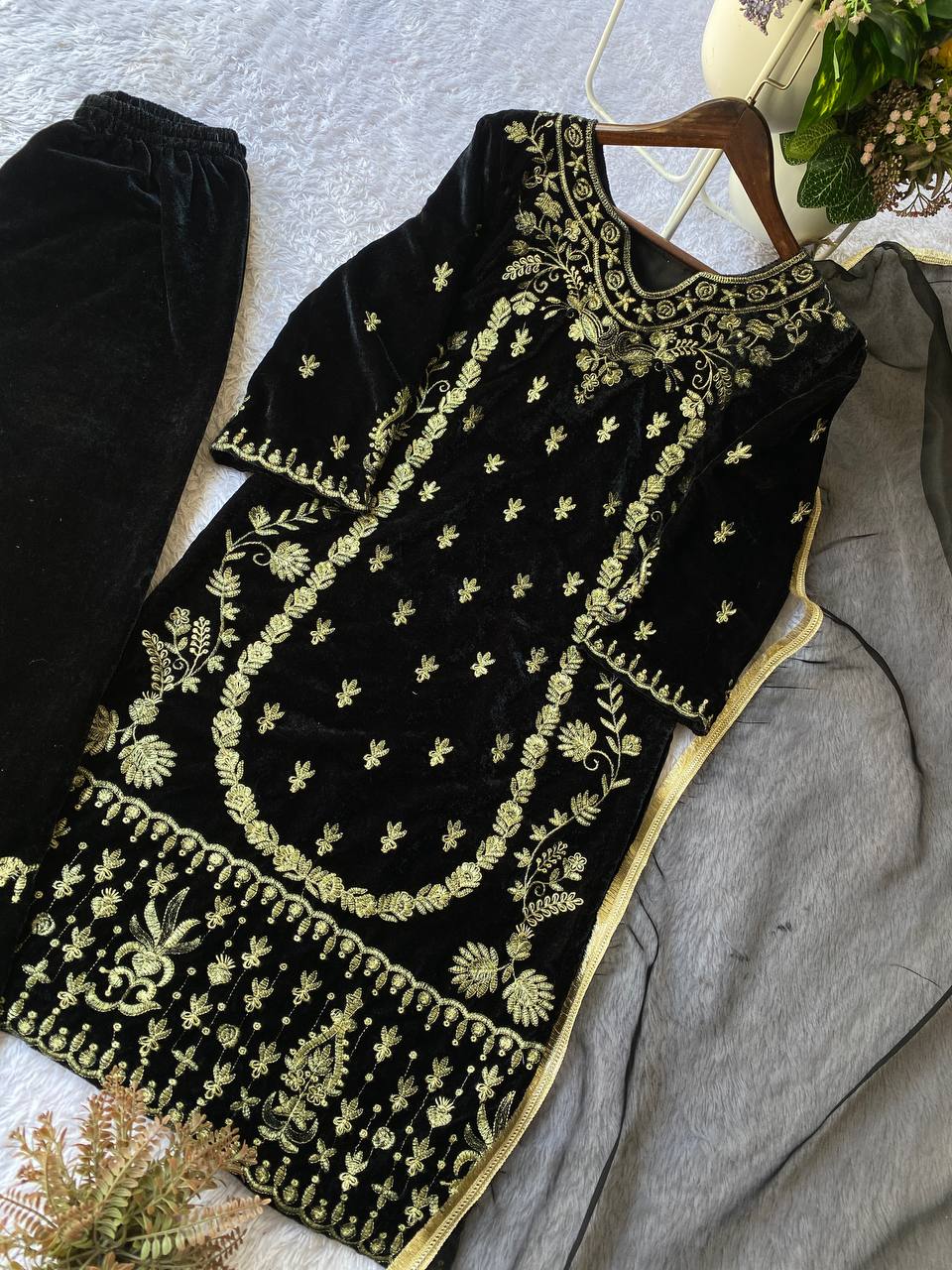 Black Velvet Palazzo Suit With Embroidery Work