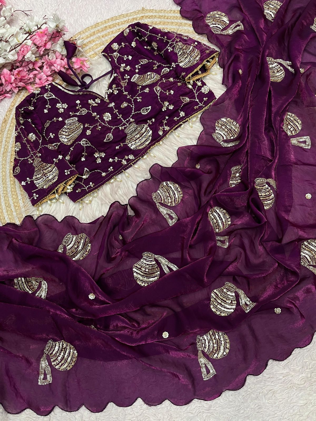 Wine Matka Handwork Satin Saree With Blouse