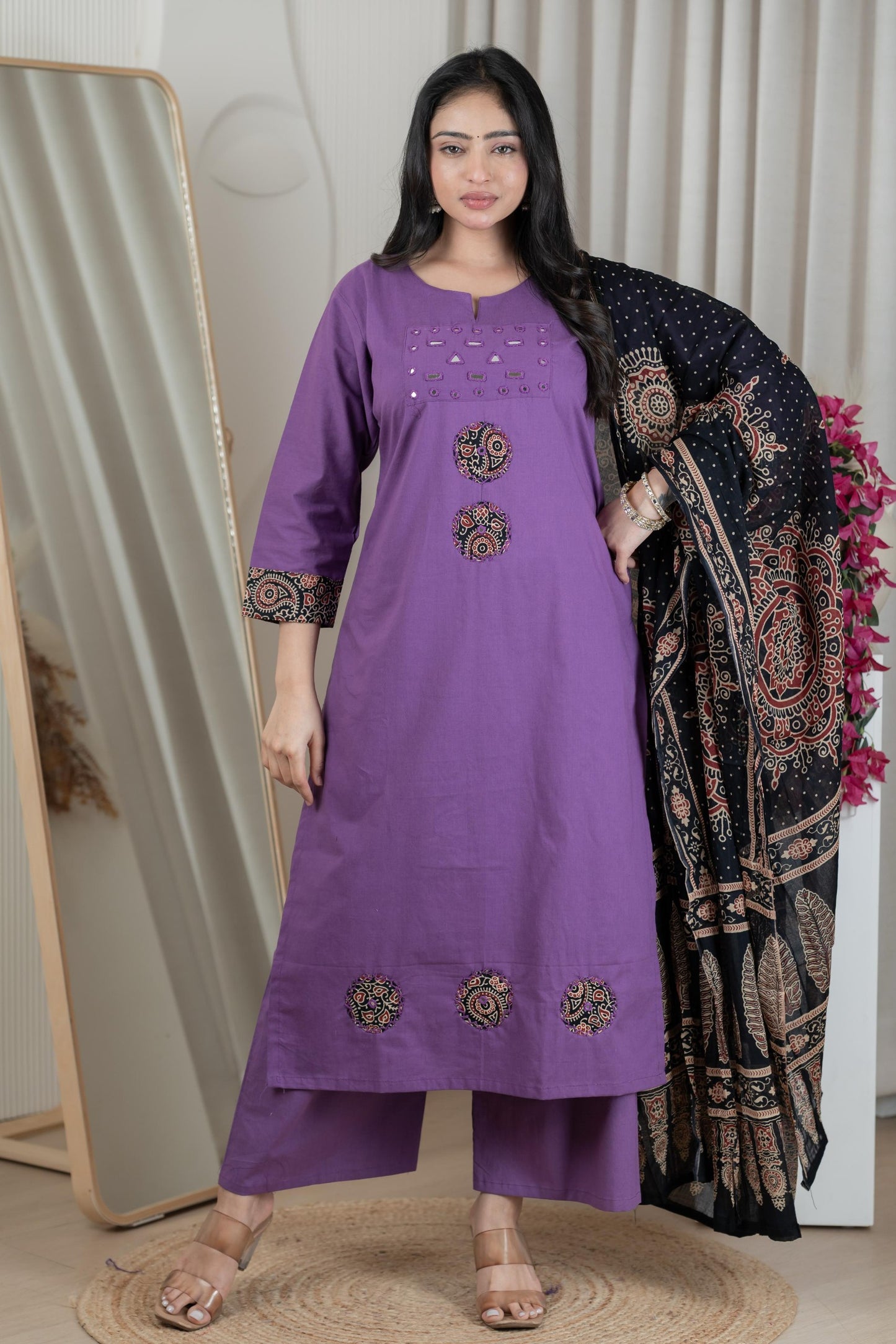 Traditional Purple Kurti Palazzo Set With Black Dupatta