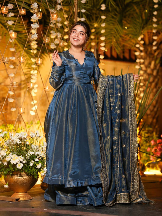 Embroidered Vichitra Silk Anarkali with Plazzo & Sequence Dupatta