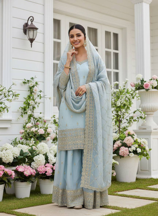 Designer Pure GMY Silk Top Palazzo Suit with Dupatta