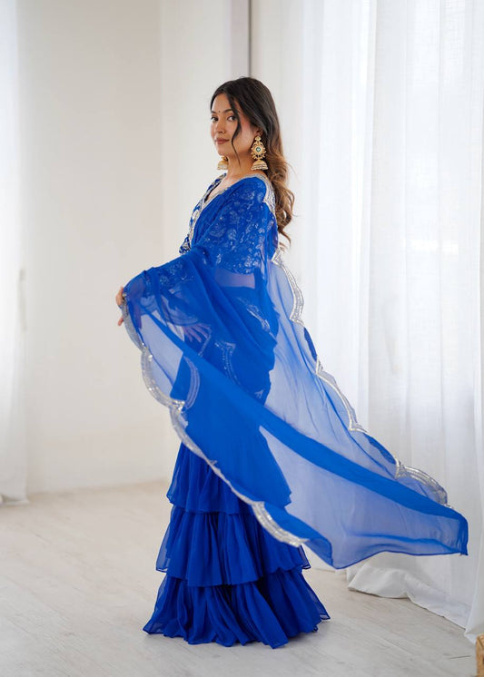 Faux Georgette Ruffle Saree with Thread & Sequin Embroidery and Blouse