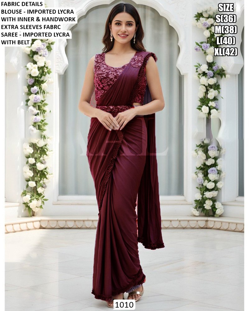 Ethnic Wine Color 1 Minute Saree With Readymade Blouse