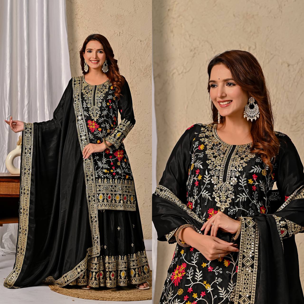 Black Embroidered Kurta Sharara Set with Gold Zari Work