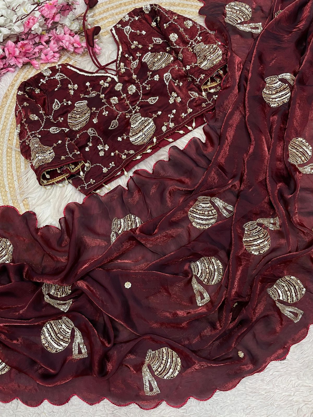 Elegent Marron Khatli Brits Satin Saree
