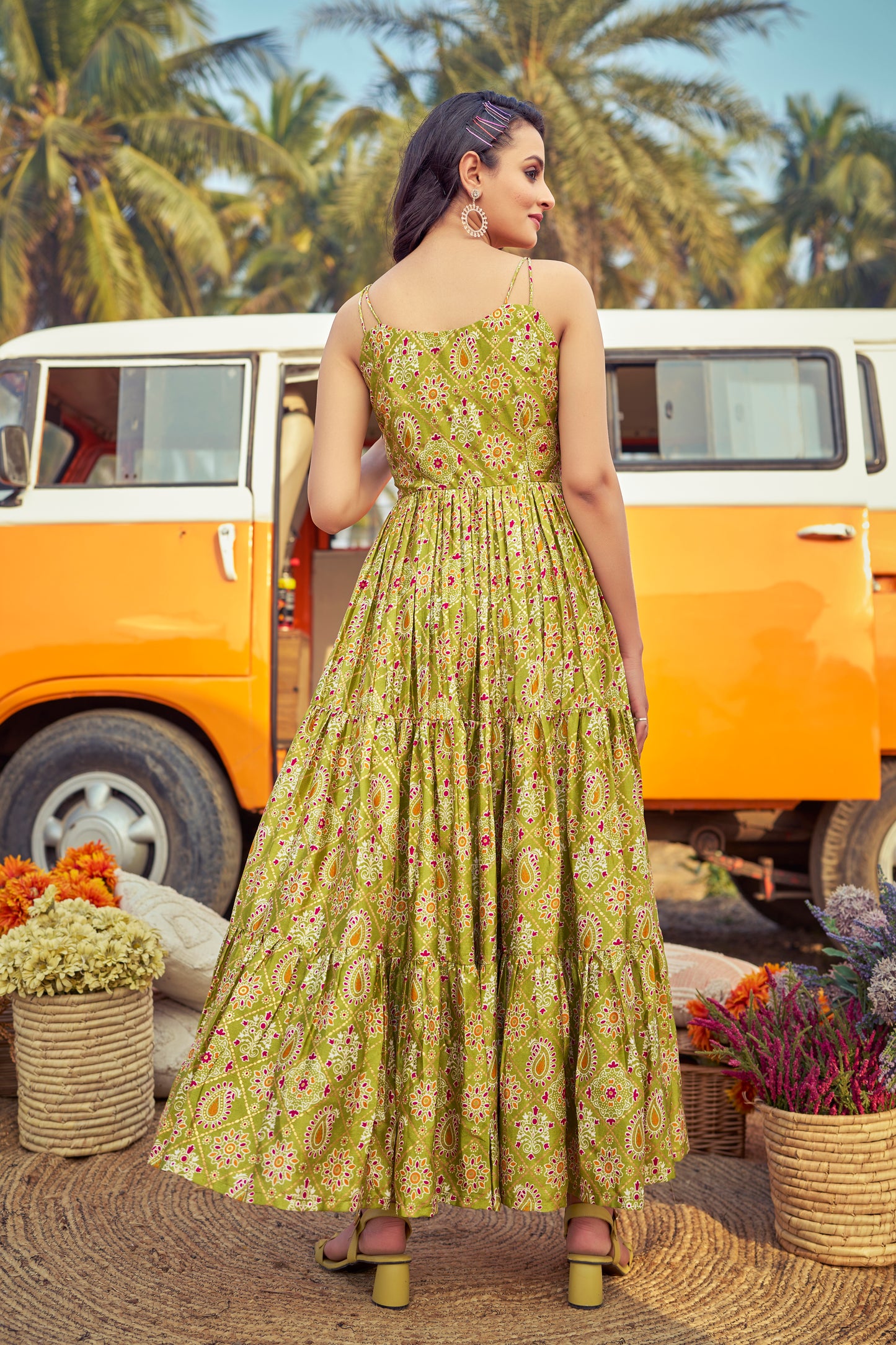 Stape Pattern Grorgeus Green Printed Western Gown
