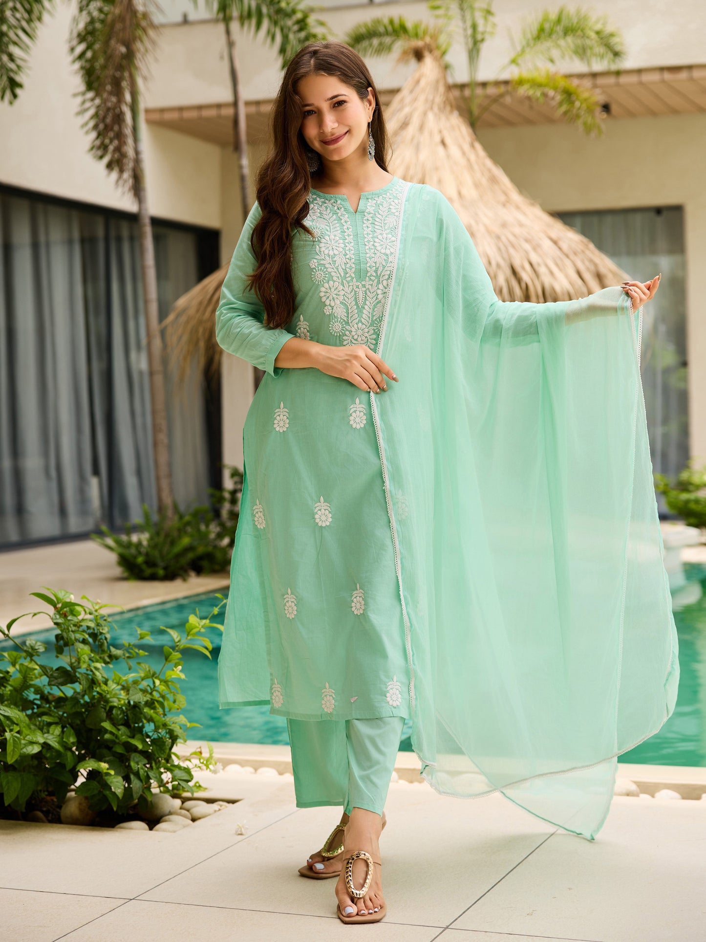 Turquoise Cotton Embroidered Straight Kurta with Pant And Dupatta Sets