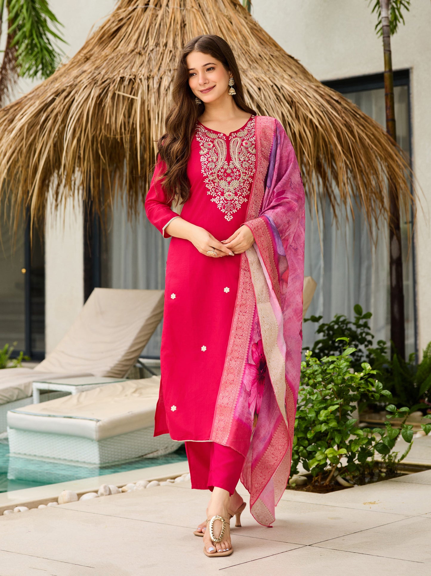 Rani Pink Viscose Embroidered Women Kurti Set
