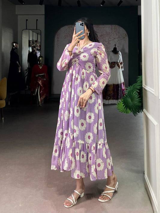 Boho Lavender Flowy Puff Sleeves One Piece Dress