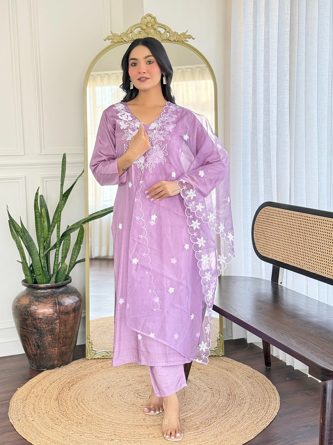Charming Lavender Suit Set with Delicate White Floral Embroidery and Scalloped Dupatta