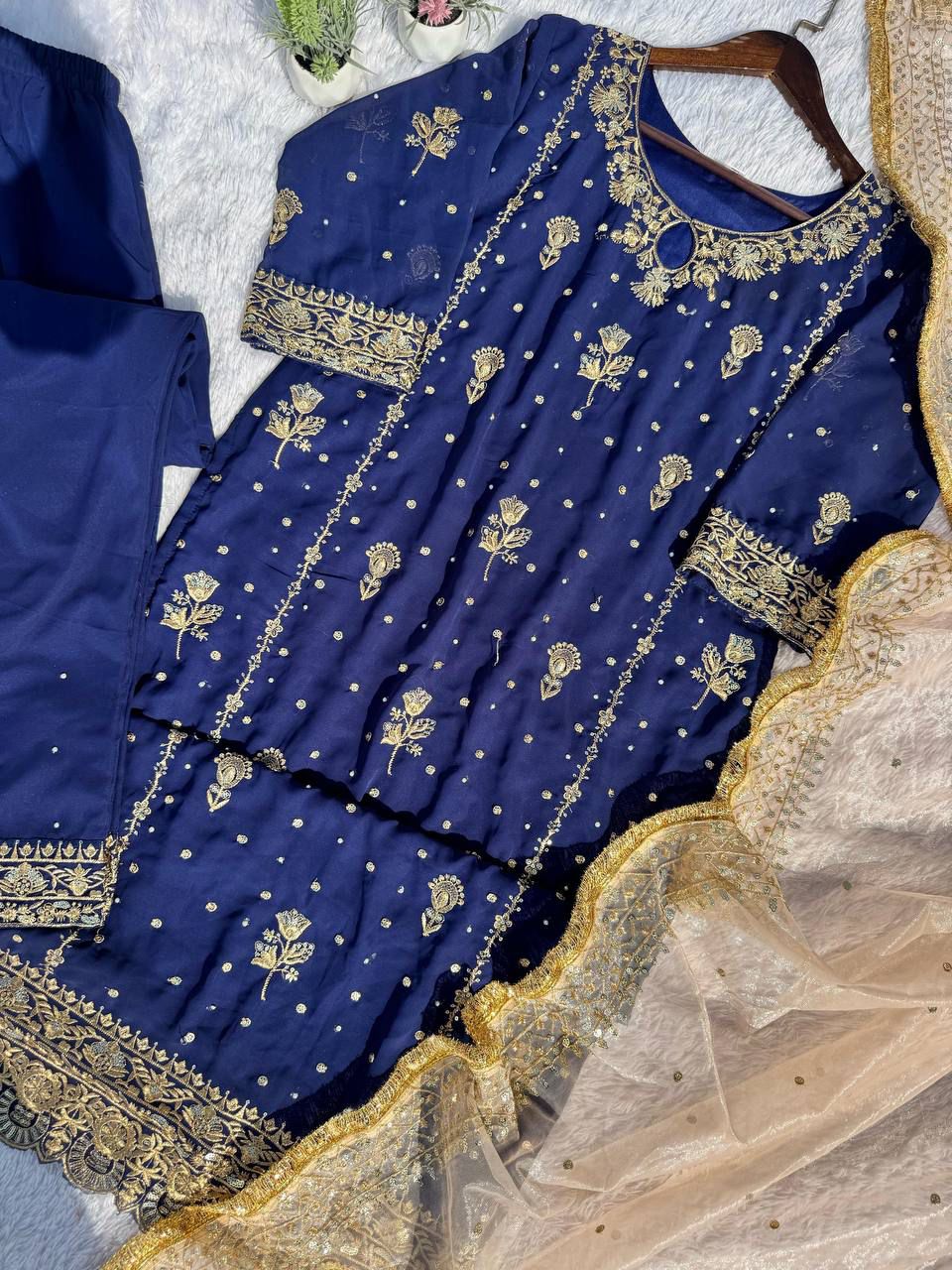 Intricate Gold Work Suit with Contrast Golden Tissue Dupatta