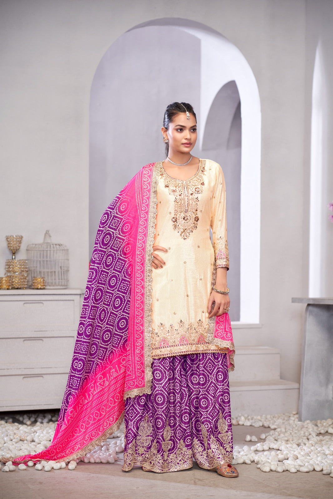 Elegant Off White with Pink Sharara suit by Suroor Gulzar 2223