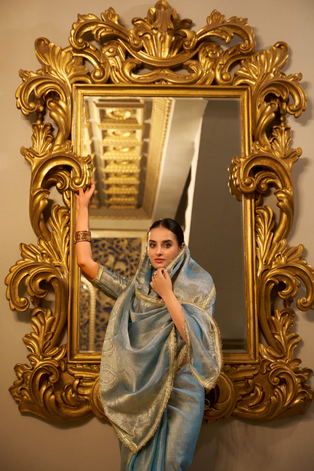 Trendy Sky Blue Tissue Shimmer Zari Weaving Sarees