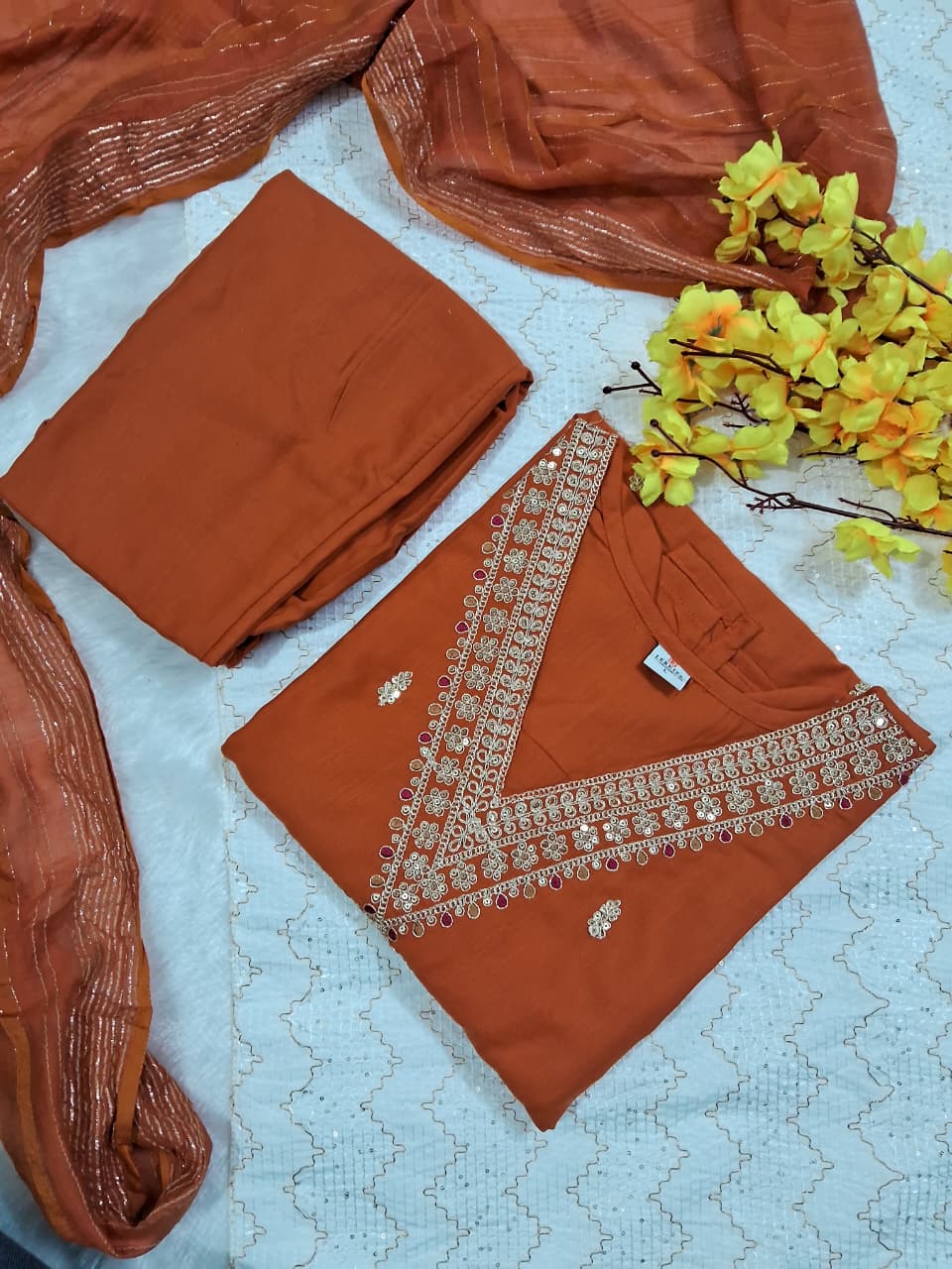 V Neck Orange Embroidered Kurti Pant Set with Dupatta