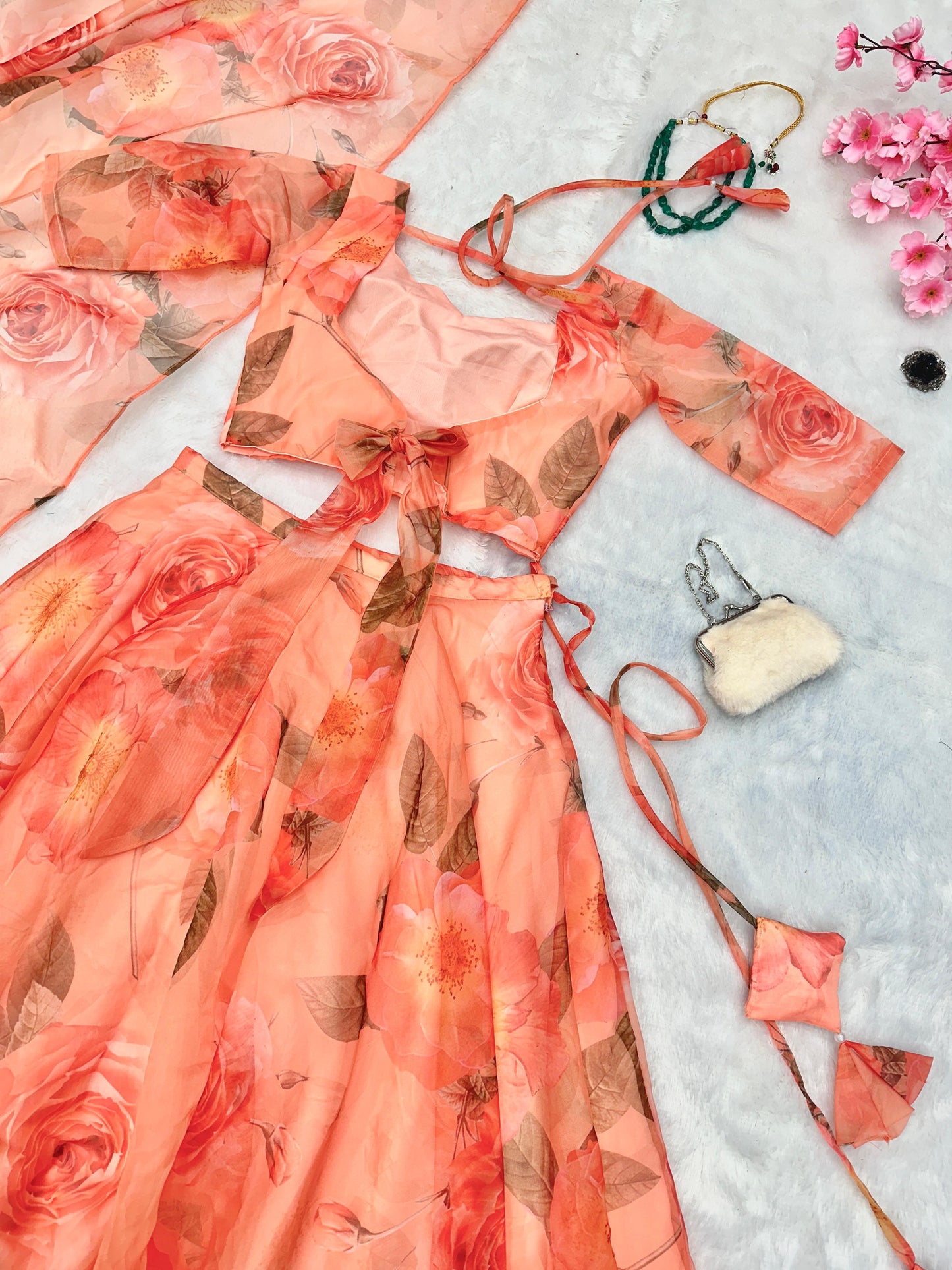 Peach Floral Printed Organza Lehenga For Festive Season