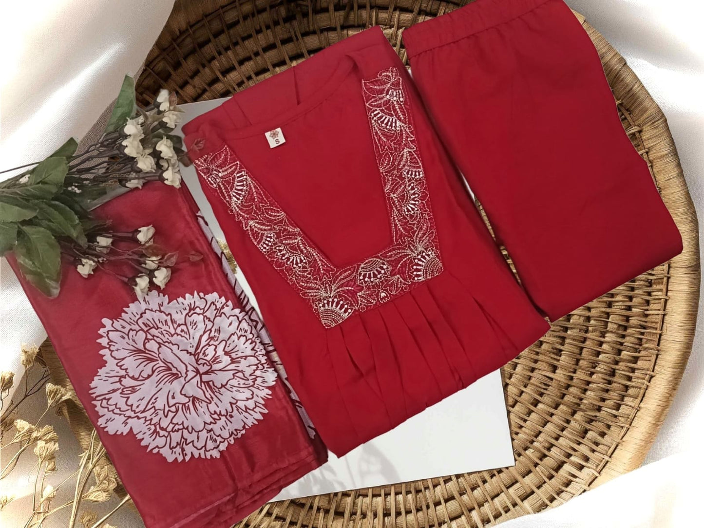 Blooming Red Rayon Cotton Party Wear Kurti Set