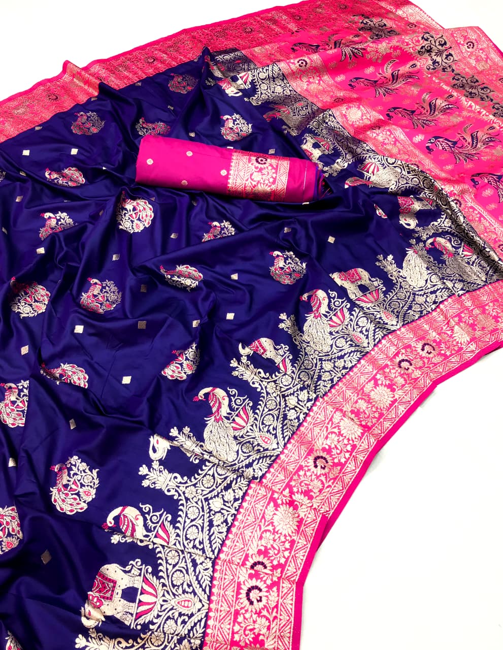 Luxurious Banarasi Silk Saree in Royal Blue with Pink Border