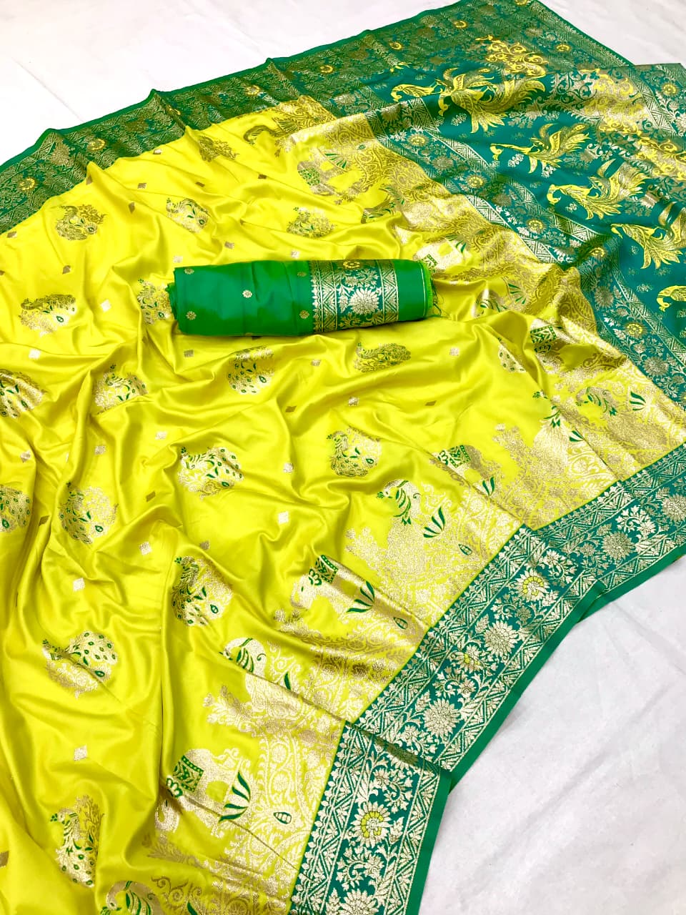 Lime Yellow Banarasi Silk Saree with Emerald Green Pallu