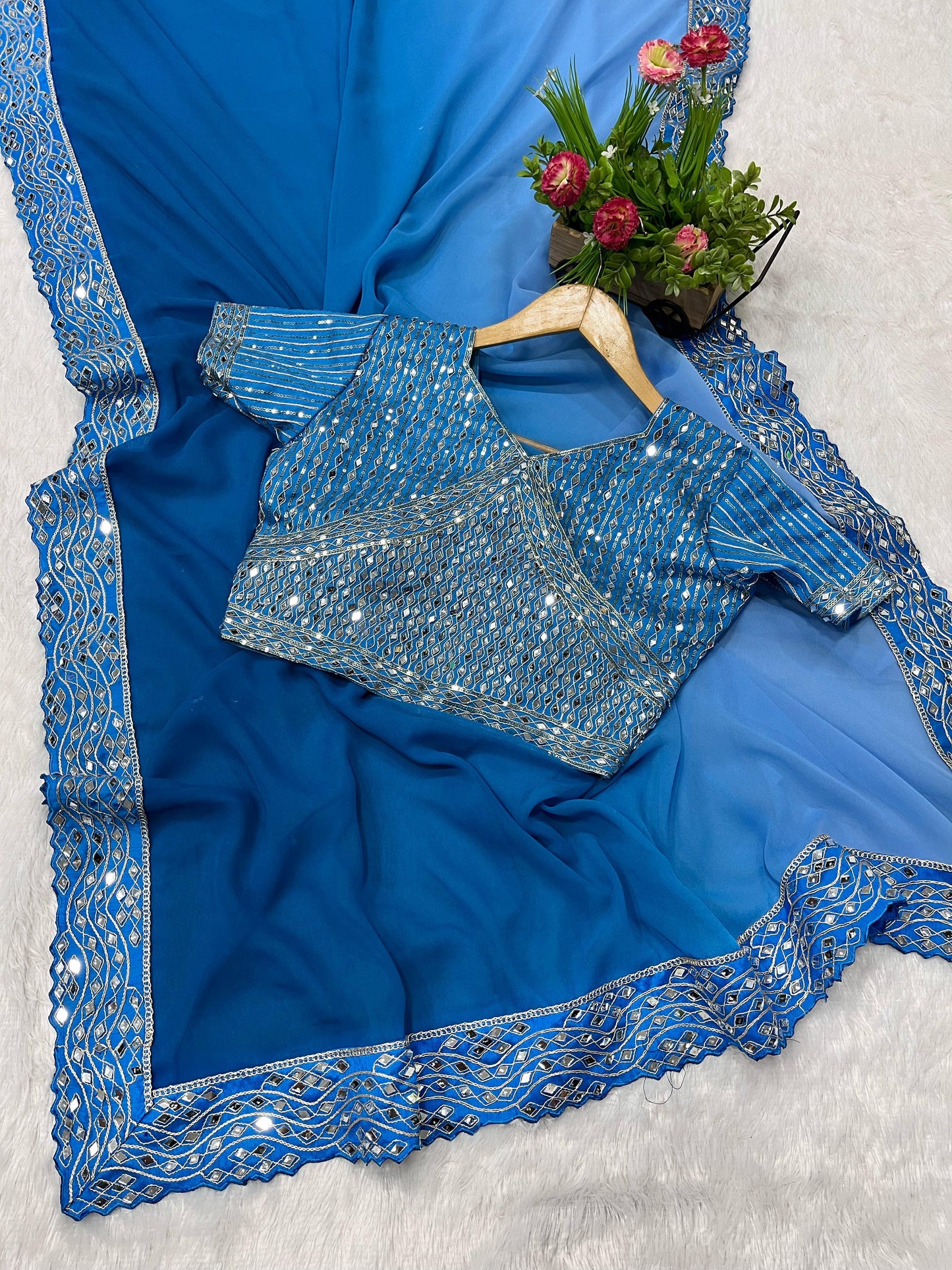 Elegant Blue Banarasi Silk Saree with Mirror Detailing