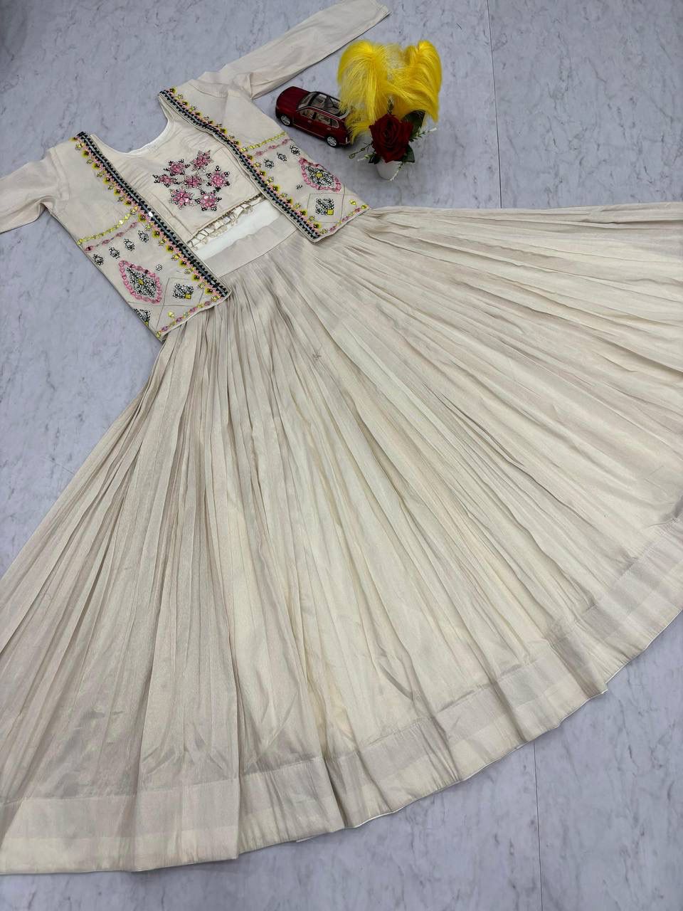 Cream Tissue Simmer Lehenga Choli with Hand Embroidered Jacket