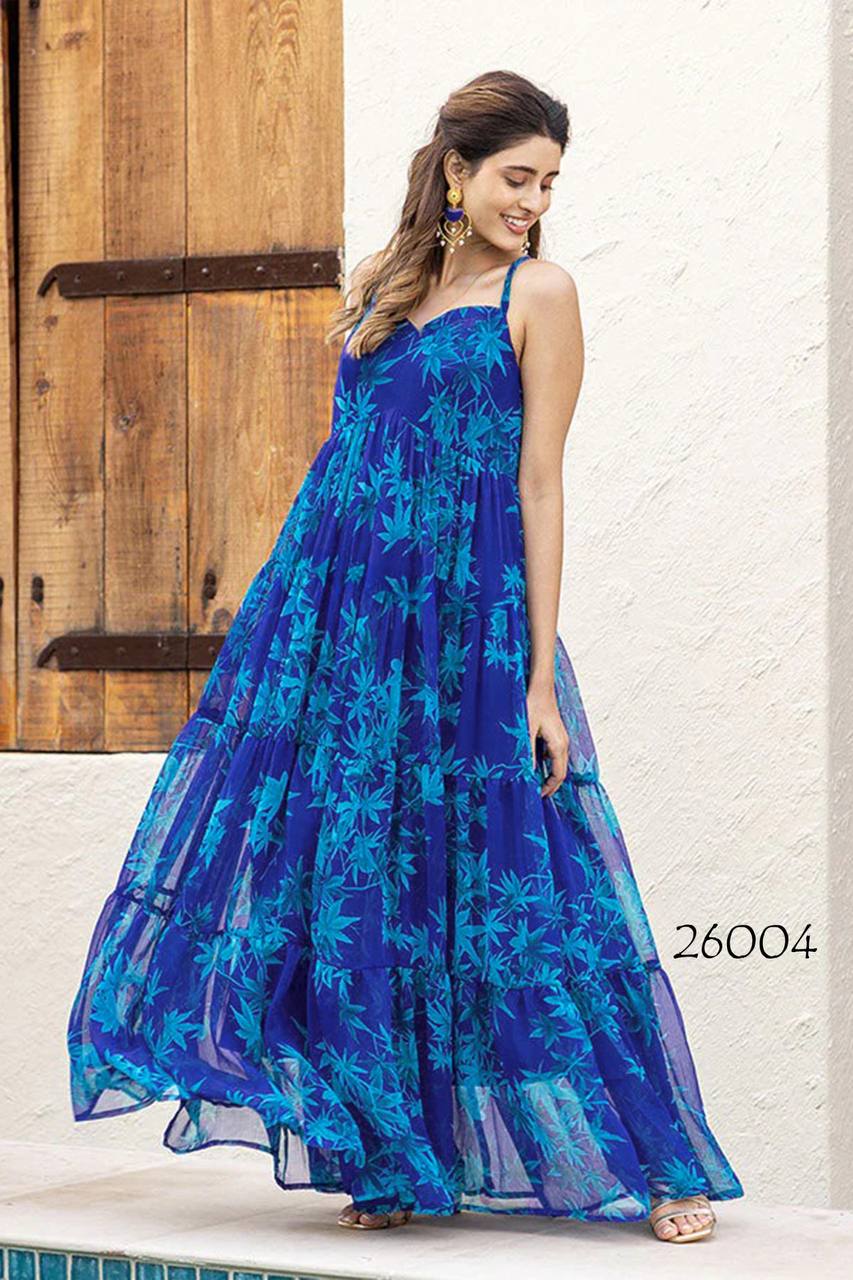 Stylish Floral Georgette Royal Blue One Piece Dress