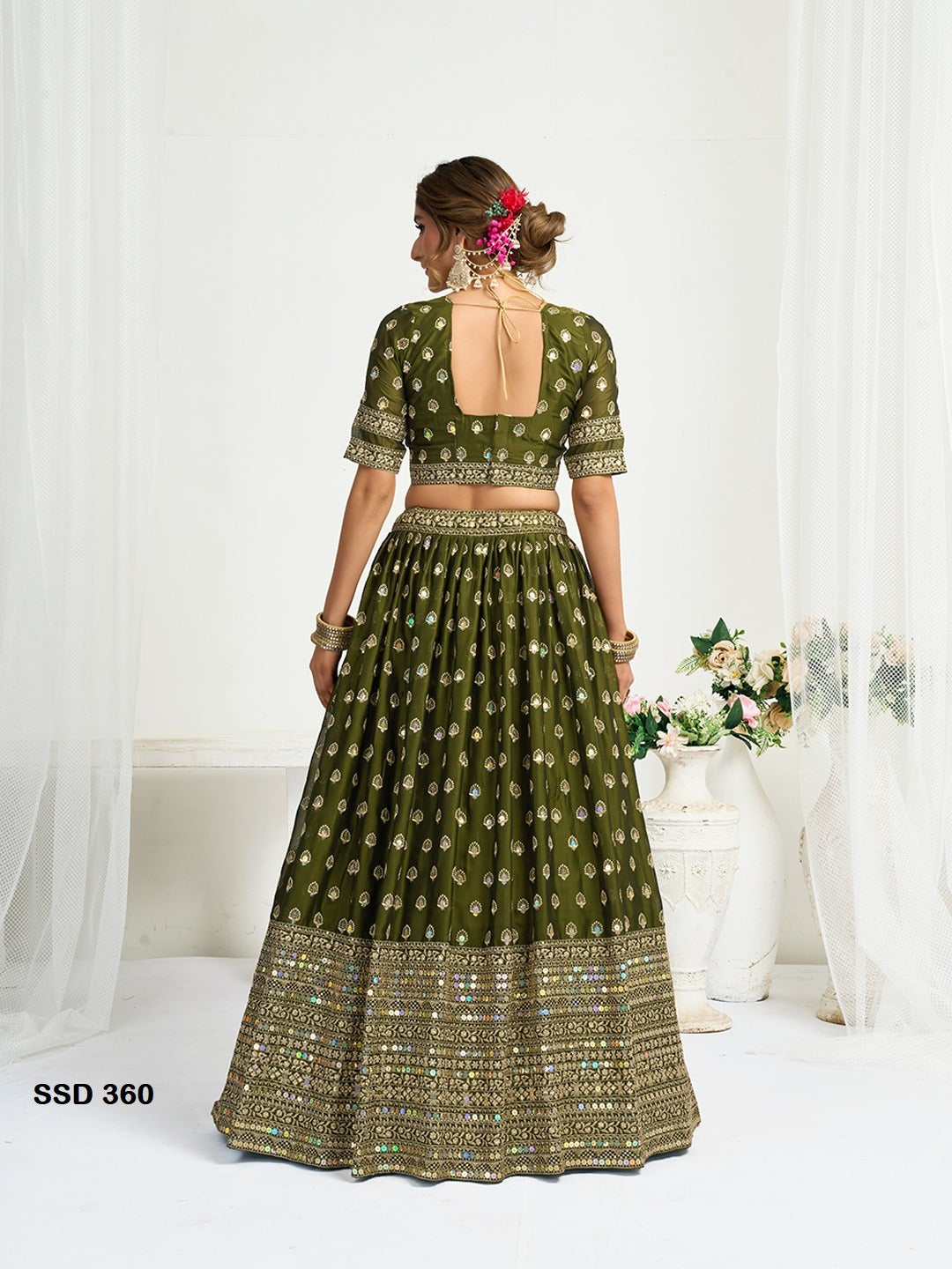 Heavy Mirror Work Olive Green Designer Silk Lehenga