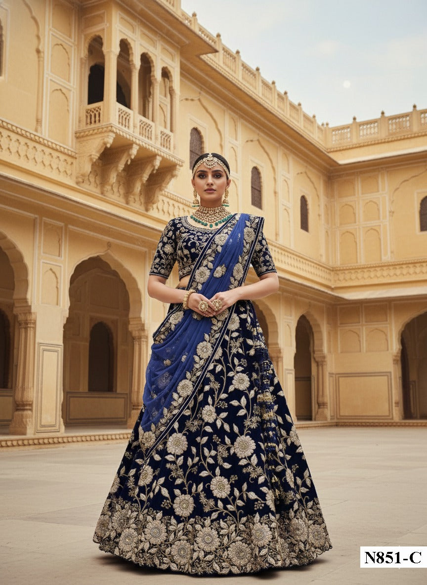Heavy Work Blue Bridal Lehenga with Regal Velvet Work