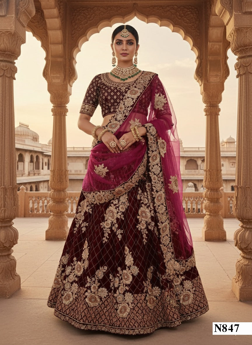 Royal Maroon Velvet Bridal Lehenga with Magenta Dupatta & Heavy Embroidery