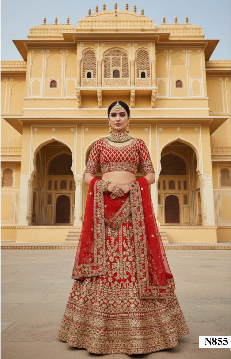 Designer Red Bridal Lehenga with Heavy Embroidery & Stone Detailing