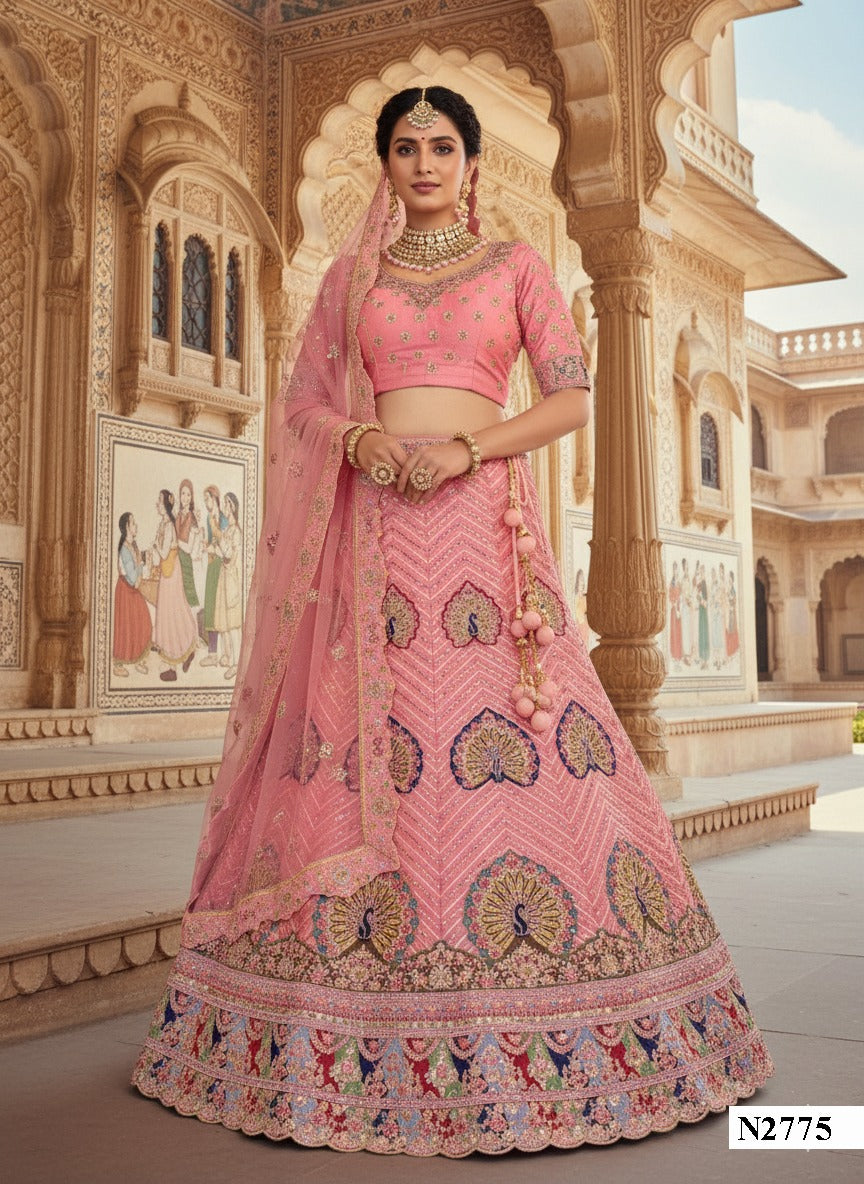 Traditional Pink Bridal Lehenga with Intricate Peacock Embroidery