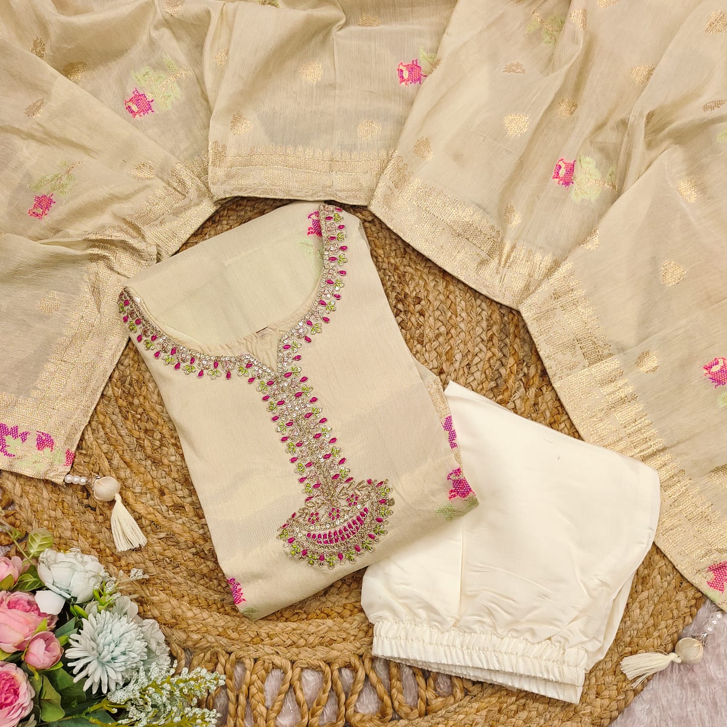 Elegant Shimmer Jacquard Embroidered Kurta Set with Dupatta