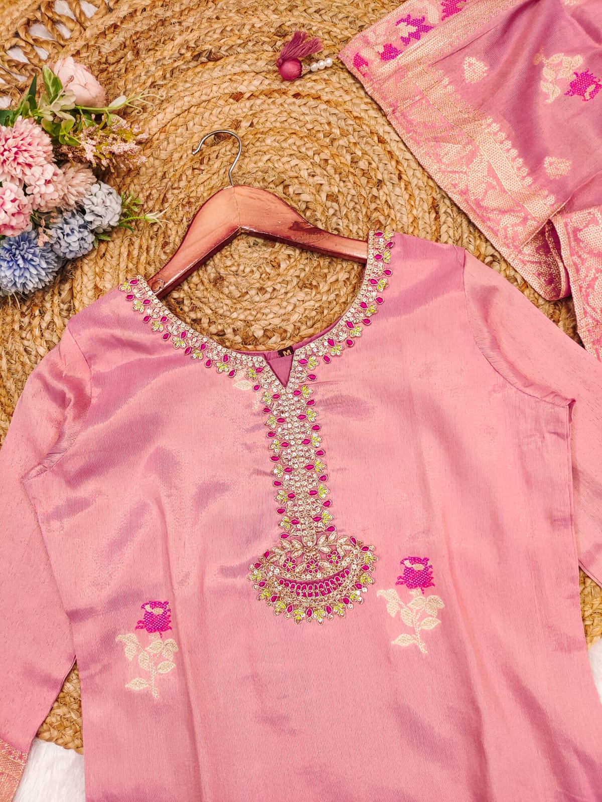 Elegant Pink Shimmer Jacquard Embroidered Kurta Set with Dupatta