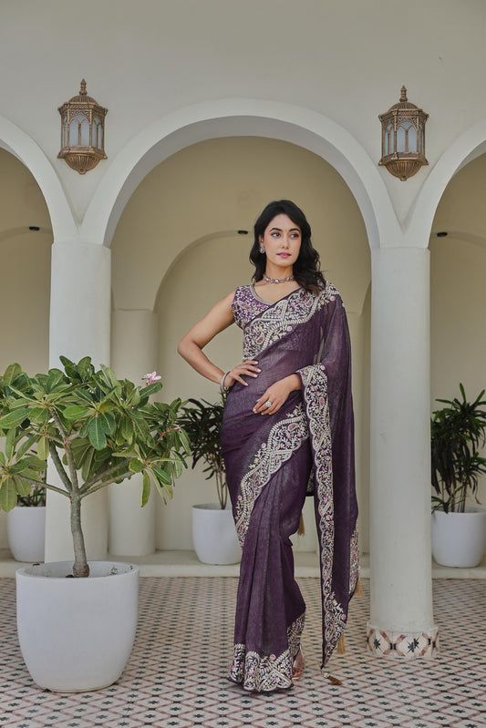 Regal Purple Heavy Work Saree with Detailed Border and Contrast Blouse