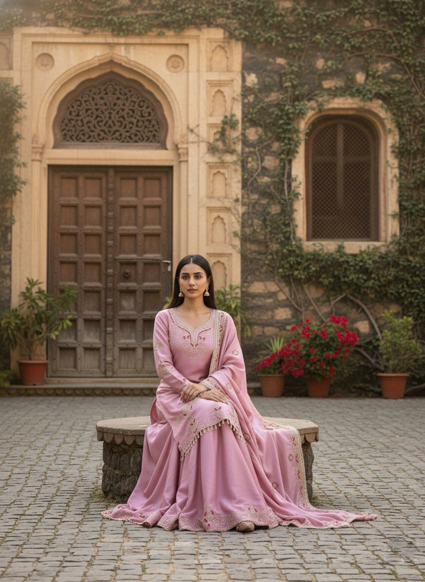 Traditional Soft Pink Festive Wear Sharara Suit with Gold Zari Work