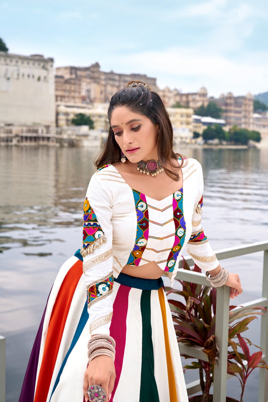 Vibrant Multi-Color Panel Lehenga Blocking Skirt and Mirror Work