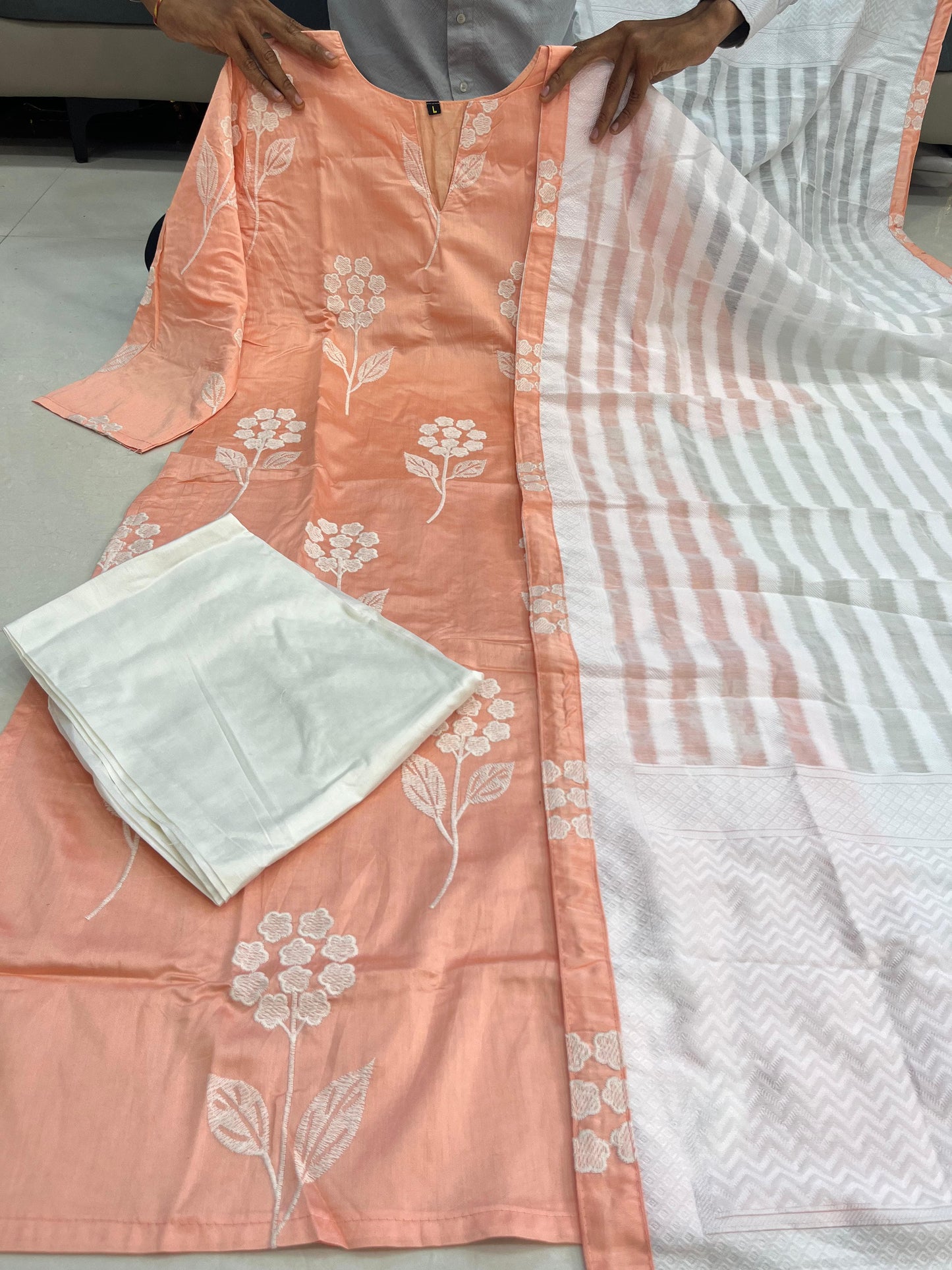 Elegant Peach Floral Embroidered Suit with Striped Dupatta