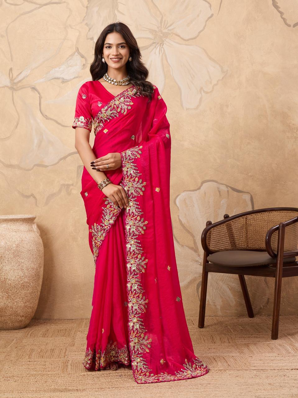 Elegent Soft Fendy Chiffon Rani Pink Sar...