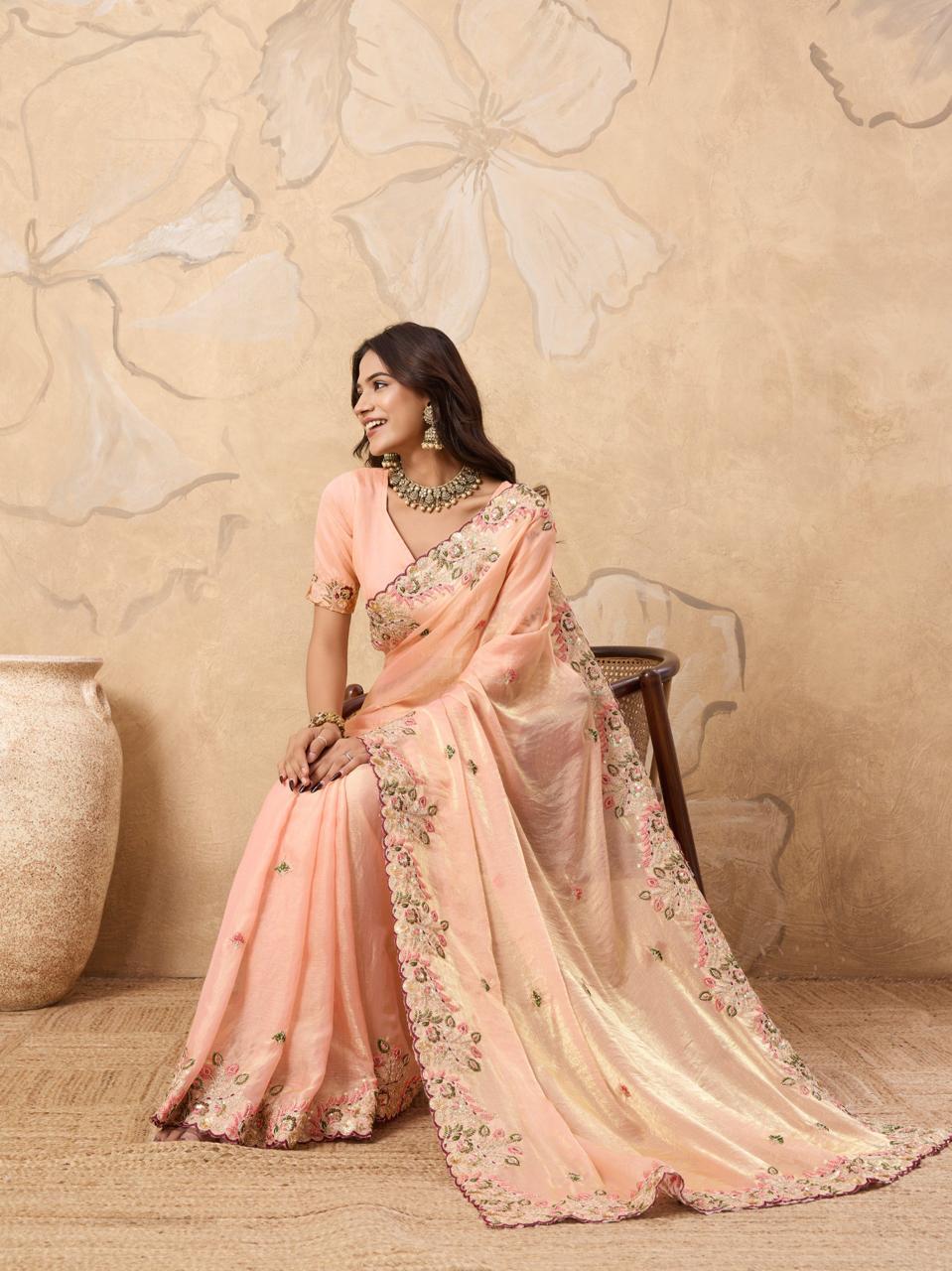 Peach Soft Fandy Chiffon Saree With Elegent Blouse
