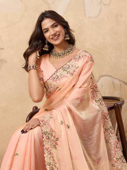 Peach Soft Fandy Chiffon Saree With Elegent Blouse