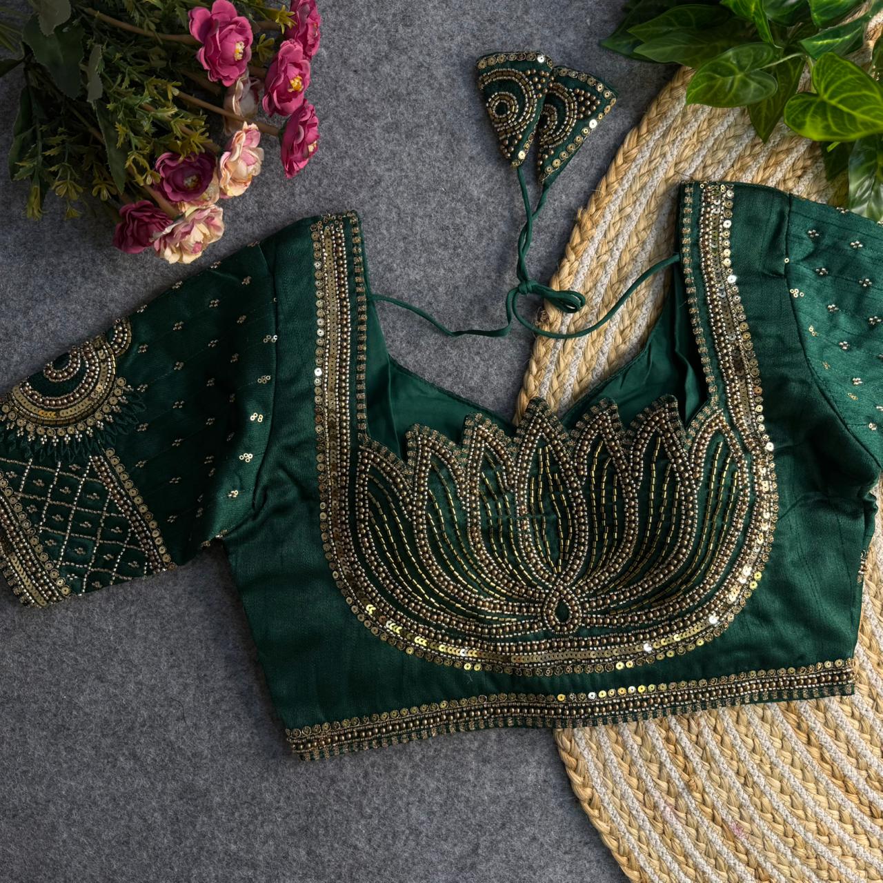 Ready-to-Wear Embroidered Dark Green Blouse Perfect Fit & Stunning Design