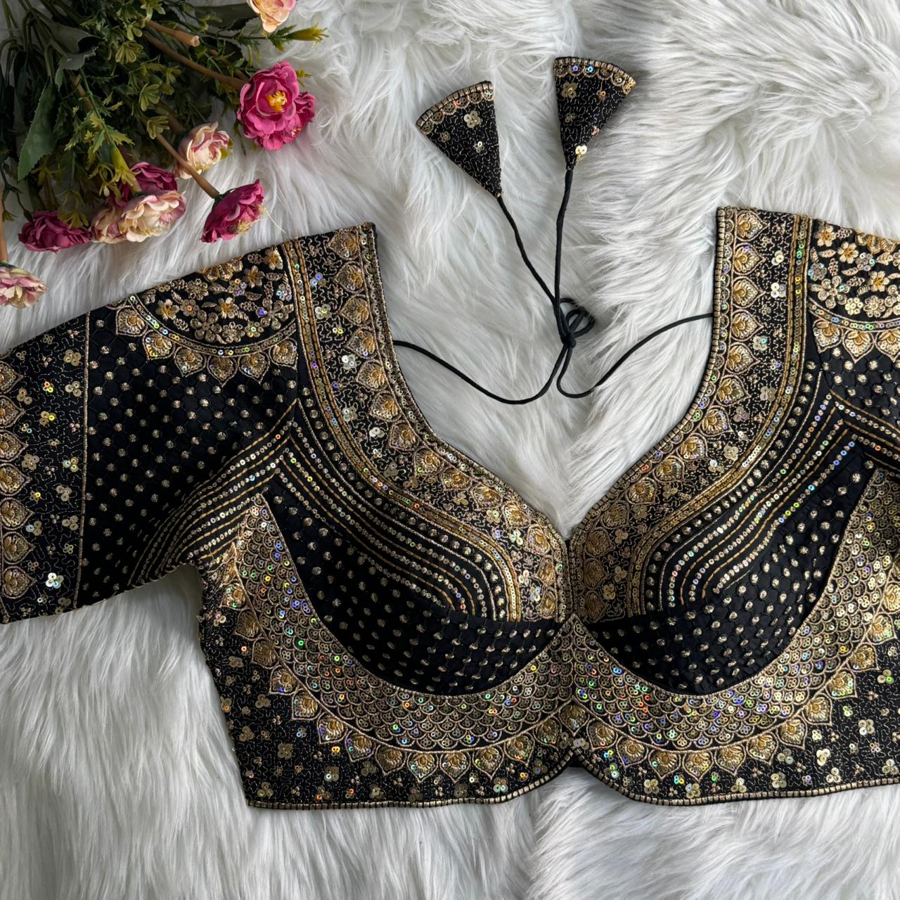Elegant Black Party Wear Blouse with Embroidery & Golden Zari Work