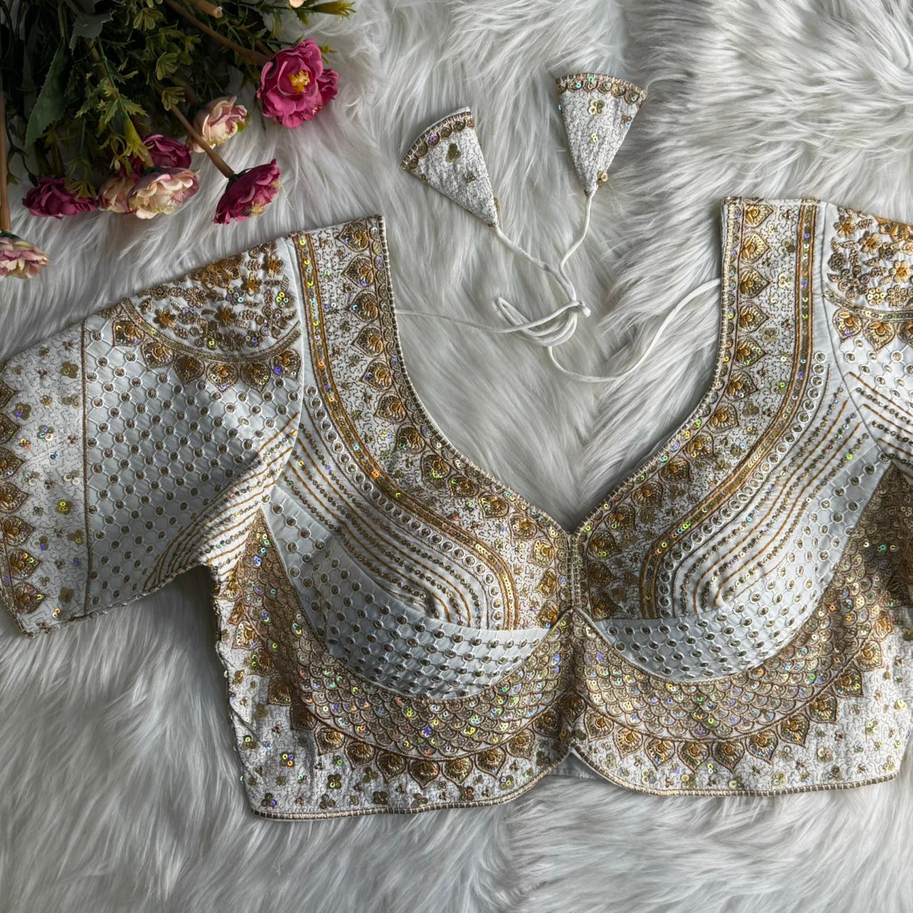 White Heavy Embroidered Designer Blouse Golden Sequin & Mirror Work