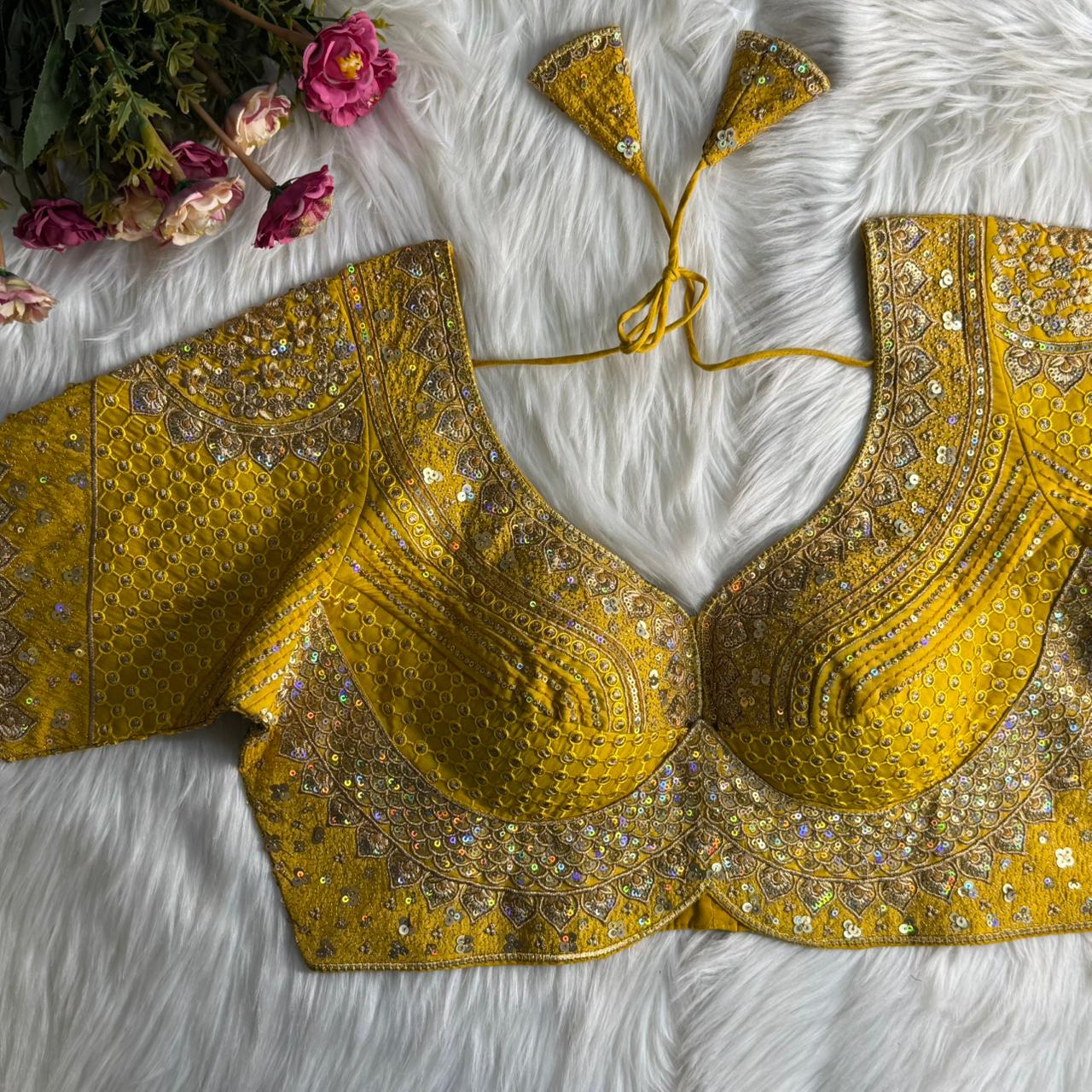 Mustard Yellow Heavy Work Silk Blouse with Sequin, Zari & Coding Threadwork