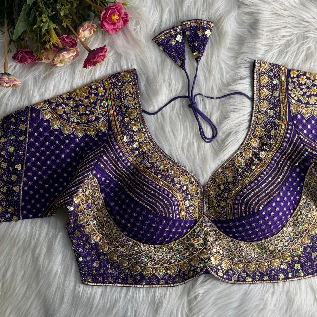 Regal Purple Silk Blouse with Heavy Gold Sequin and Zari Embroidery