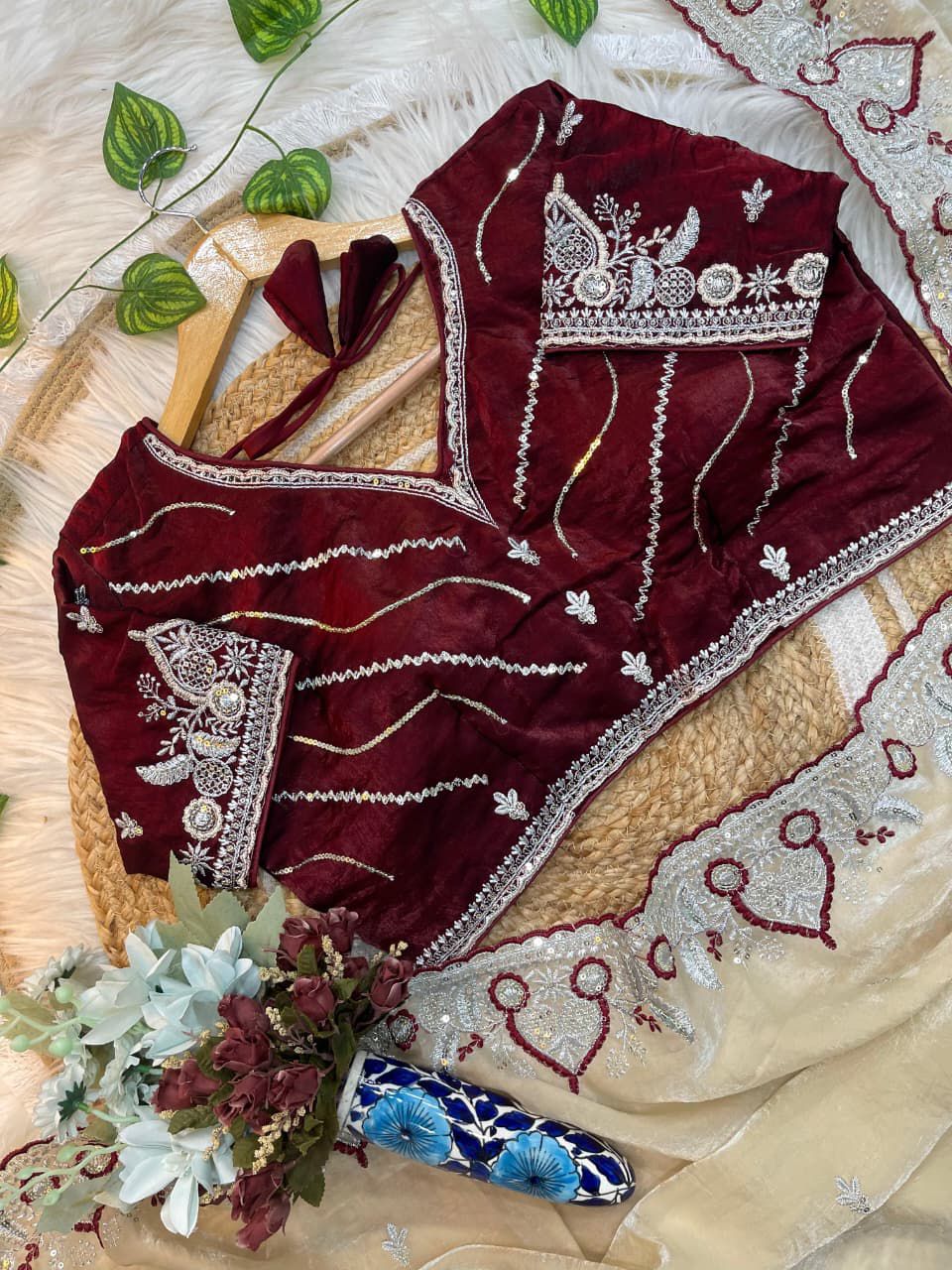 Off White Space Silk Saree With Maroon Blouse