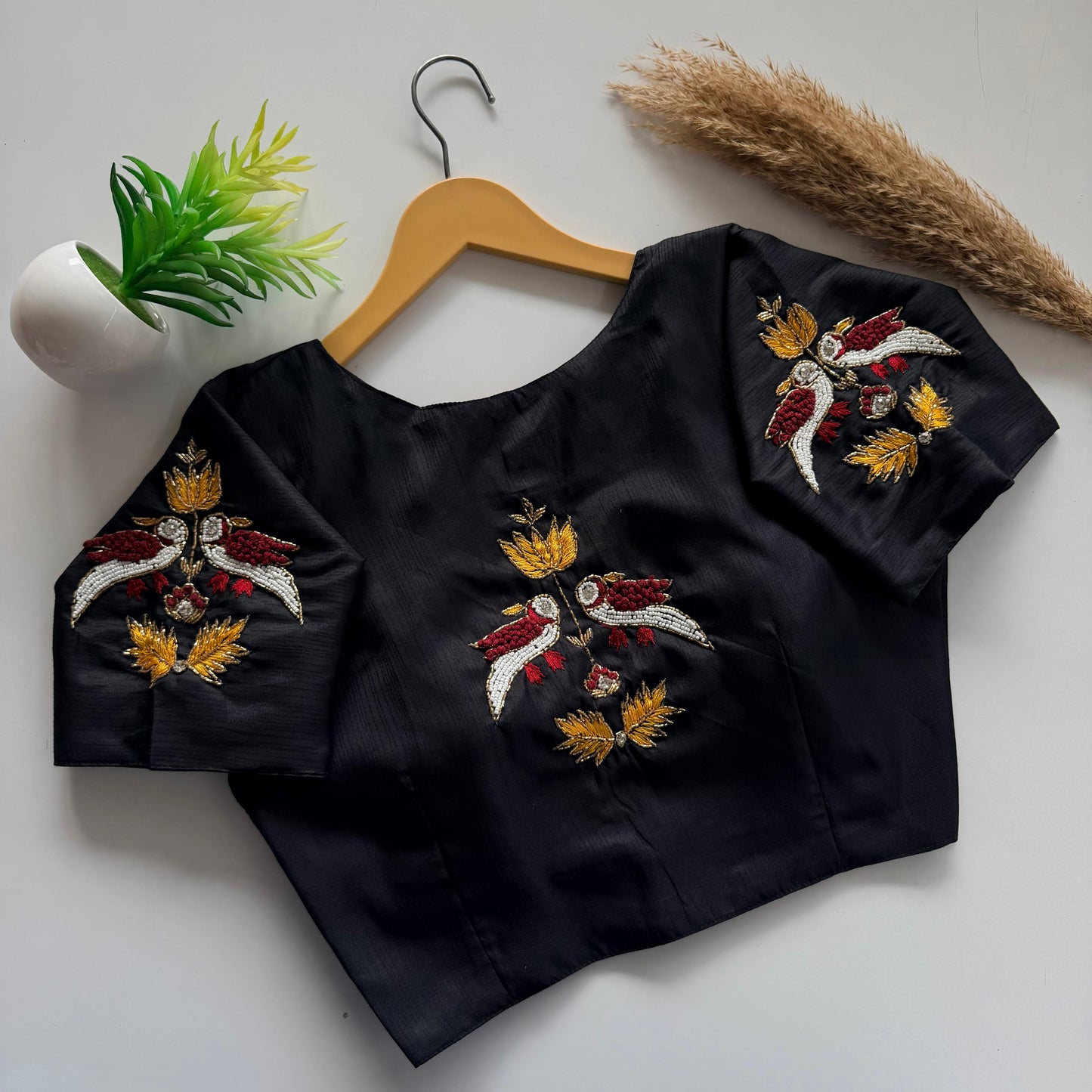 Embroidered Birds & Blossoms on Luxe Fabric Black Blouse