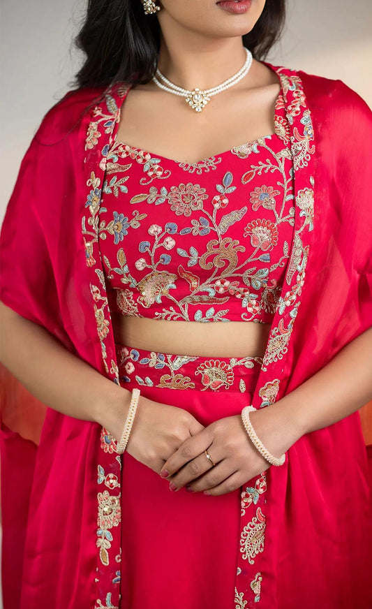 Stunning Red Embroidered Lehenga Set with Elegant Cape Dupatta