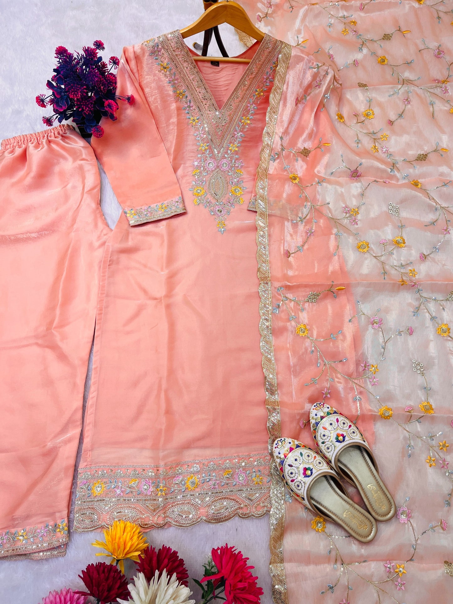 Peach Heavy Sequence Embroidered Work Premium Jimmy Choo Silk Kurta Suit